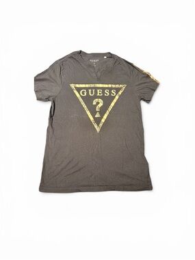 Guess Men's Black Short-Sleeve Tee with Gold Triangle Logo ( unisex )